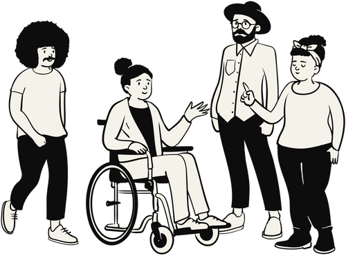 Hand drawn illustration of a group of peopls of different abilities